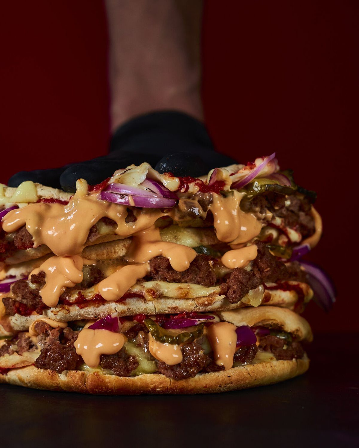 The Secret Pizza: a stacked smashed-burger pizza
